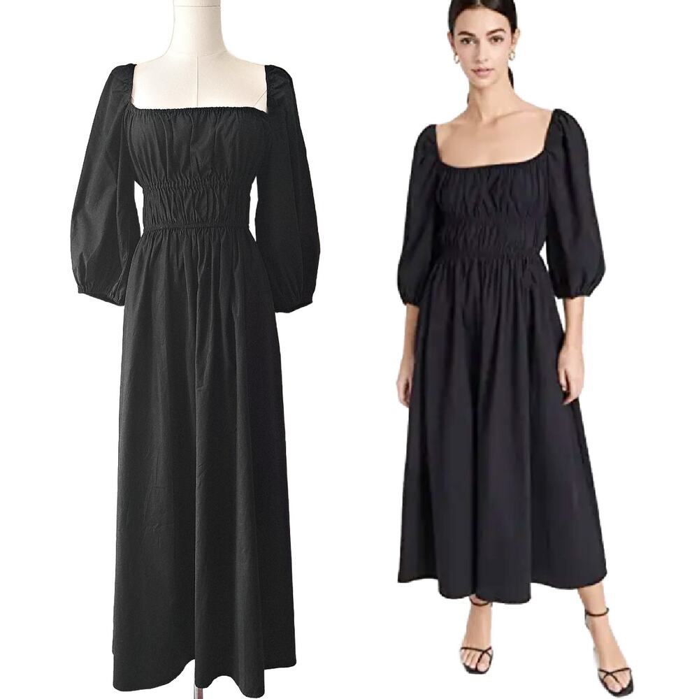 REFORMATION Bennie Midi Maxi Dress Black Small Smocked Square Neck Cottagecore
